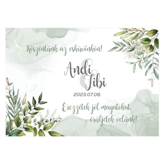 Esküvői üdvözlő, köszöntő tábla Greenery' mintával.